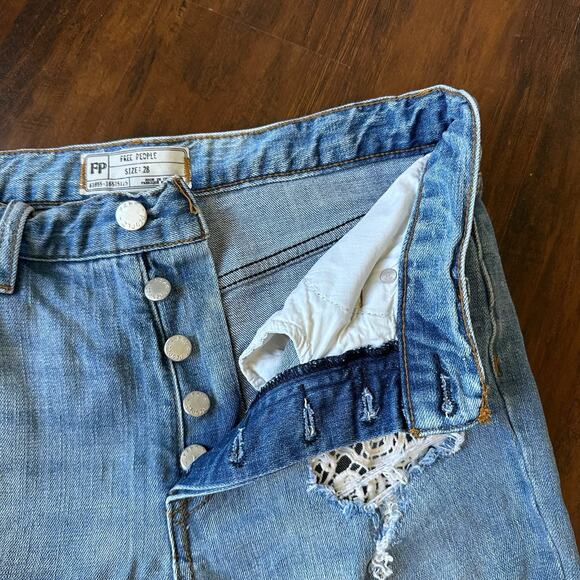 FREE PEOPLE Ella Jeans Blue Denim Distressed Button Fly Cropped - Picture 7 of 14